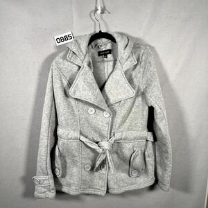 New Look Peacoat Jacket Womens Large Heather Gray Double Breasted Belted Hooded